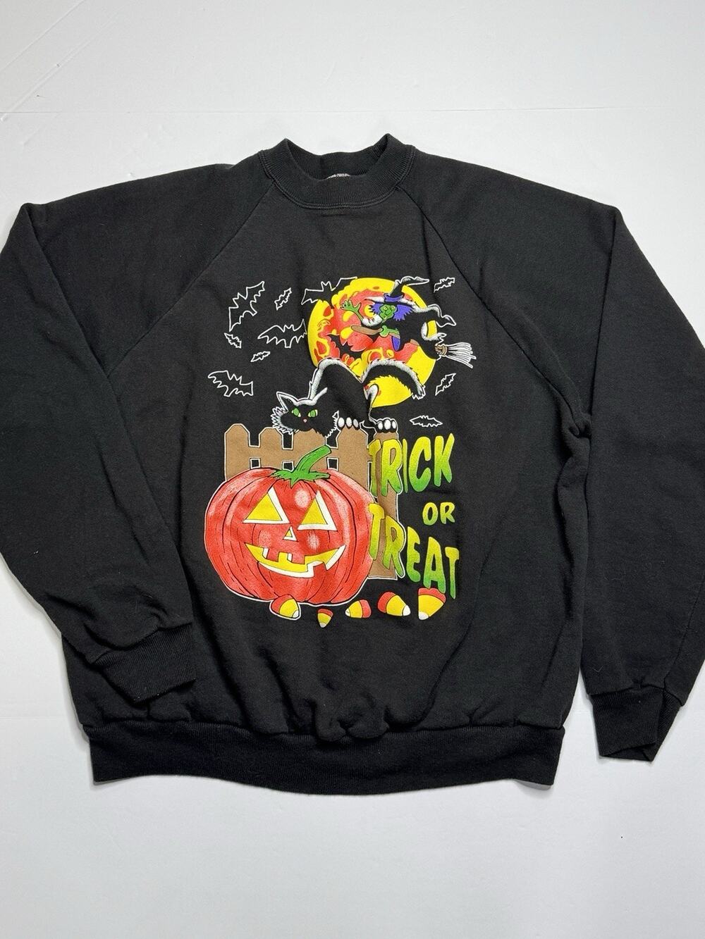 Vintage 90s Hanes Halloween Sweatshirt XL Witch Cat Pumpkin Trick or Treat
